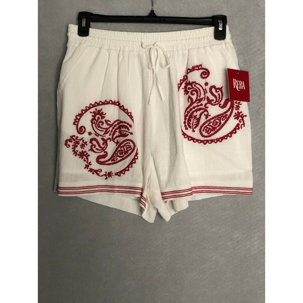 Reba Cross Stitch Shorts Drawstring White Women's XL NEW